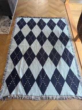 Vtg Afghan Argyle Woven Throw Blanket Fringed - tapestry blanket